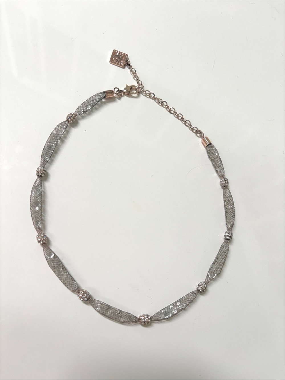 Anne Klein Rose Gold Tone Crystal Mesh Tube Choker Necklace Rhinestone Station